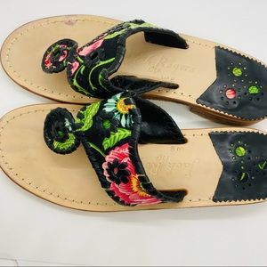 Worn Once! Jack Rogers Leather Sandals Black with Pink Green Flowers Size 8